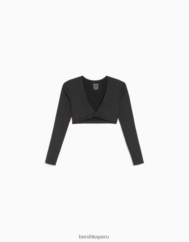 gris oscuro Bershka mujer playera corta sin costuras con cuello en V y manga larga 806J6B372