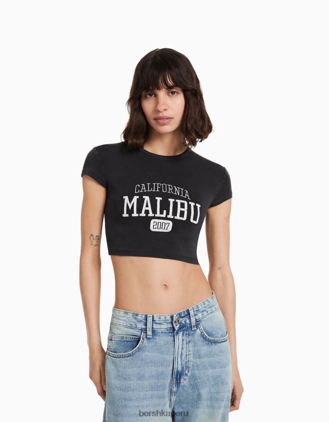 gris oscuro Bershka mujer playera de manga corta estampada 806J6B492
