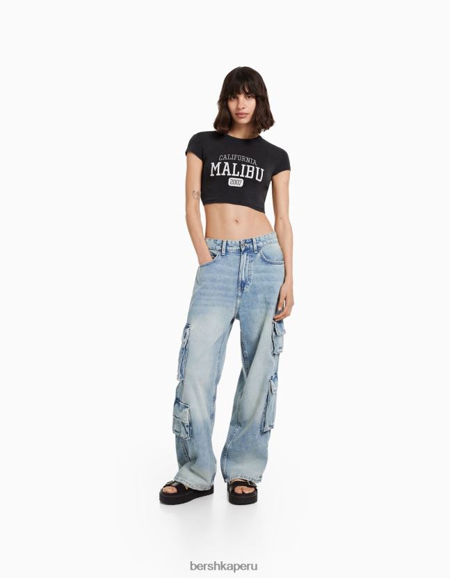 gris oscuro Bershka mujer playera de manga corta estampada 806J6B492
