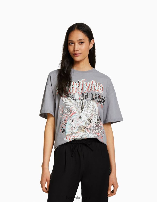 gris oscuro Bershka mujer playera oversize de manga corta estampada 806J6B431