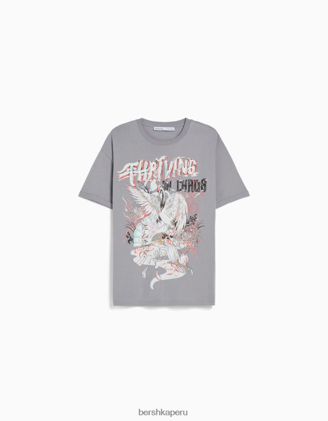 gris oscuro Bershka mujer playera oversize de manga corta estampada 806J6B431
