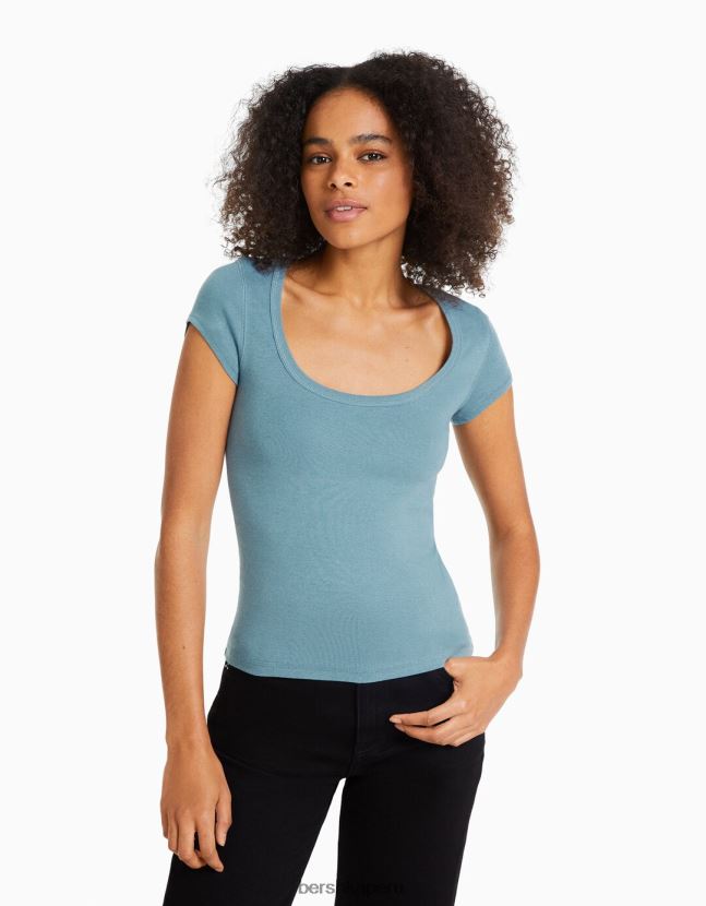 lavado azul Bershka mujer camiseta de manga corta con cuello redondo 806J6B568