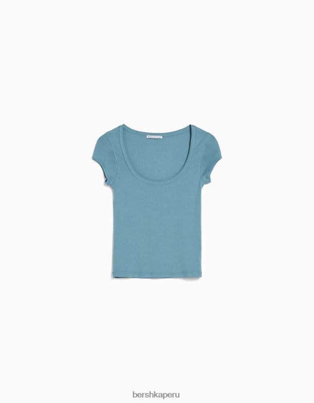 lavado azul Bershka mujer camiseta de manga corta con cuello redondo 806J6B568