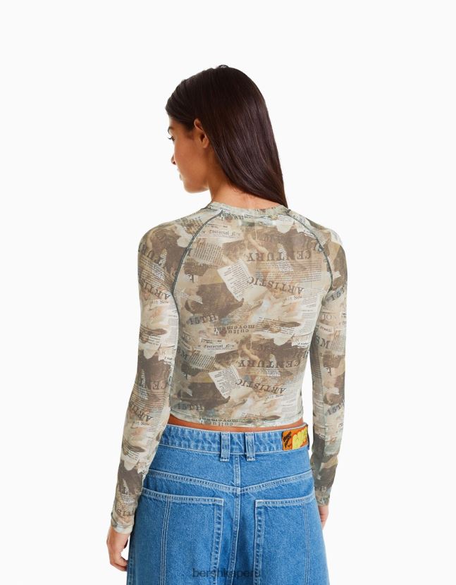 marrón Bershka mujer camiseta de manga larga con manga raglán de tul 806J6B429