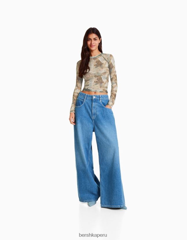marrón Bershka mujer camiseta de manga larga con manga raglán de tul 806J6B429