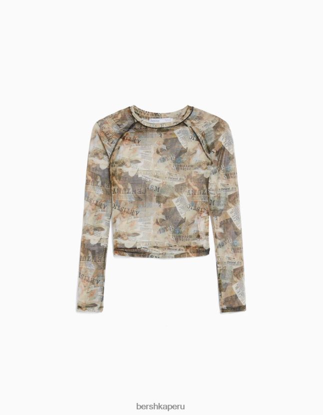 marrón Bershka mujer camiseta de manga larga con manga raglán de tul 806J6B429