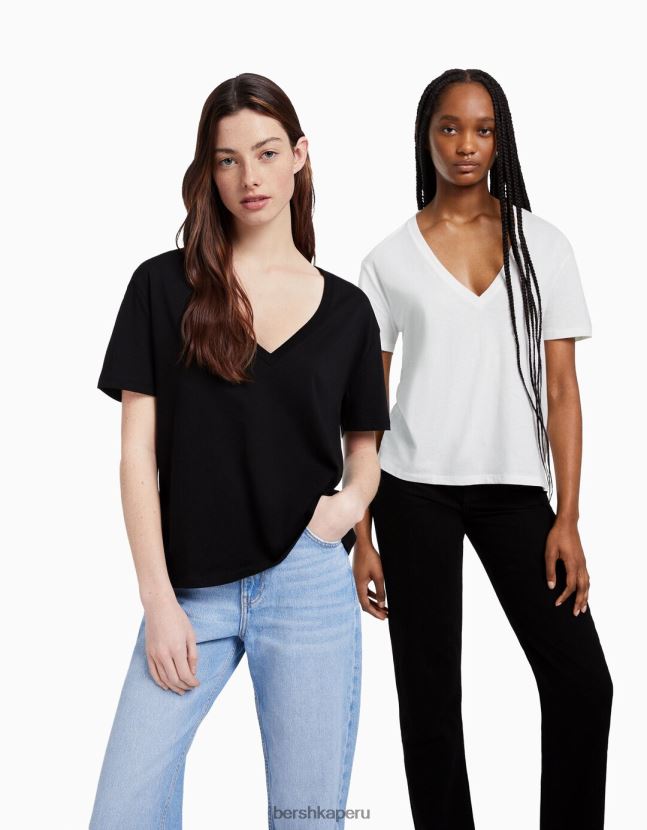 multicolor Bershka mujer Pack de 2 camisetas regular fit de manga corta con cuello de pico 806J6B635