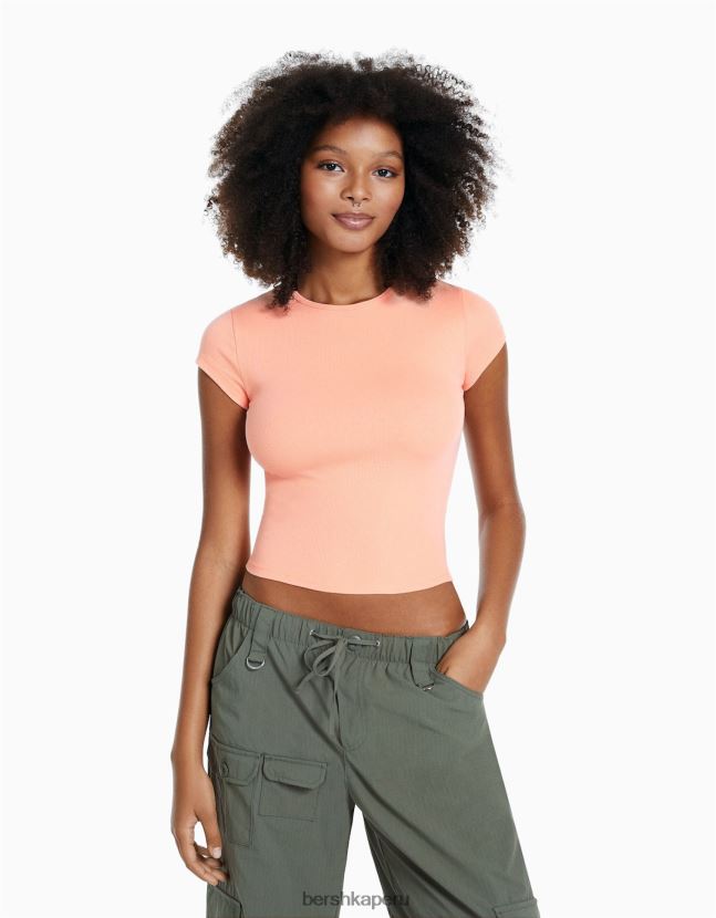 naranja Bershka mujer camiseta de canalé manga corta 806J6B350