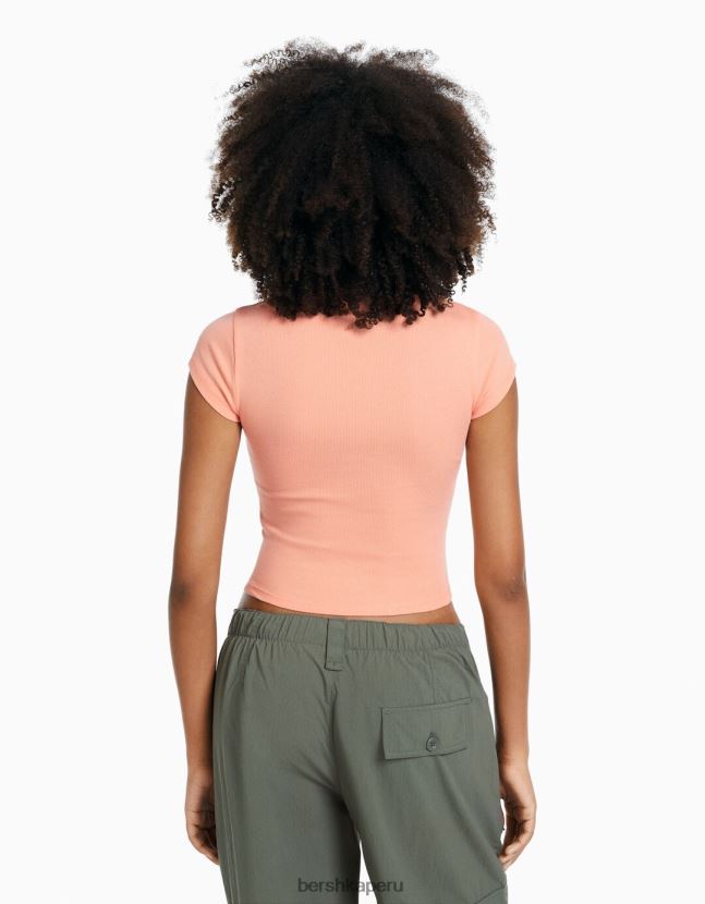 naranja Bershka mujer camiseta de canalé manga corta 806J6B350