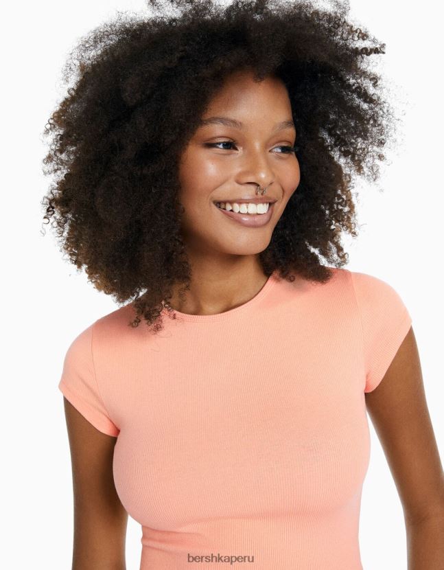 naranja Bershka mujer camiseta de canalé manga corta 806J6B350