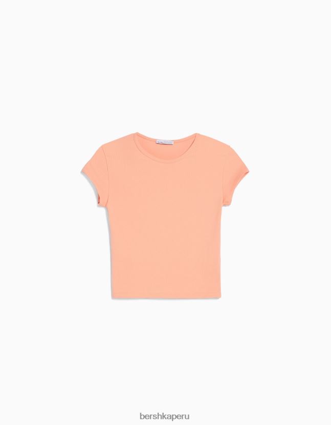 naranja Bershka mujer camiseta de canalé manga corta 806J6B350