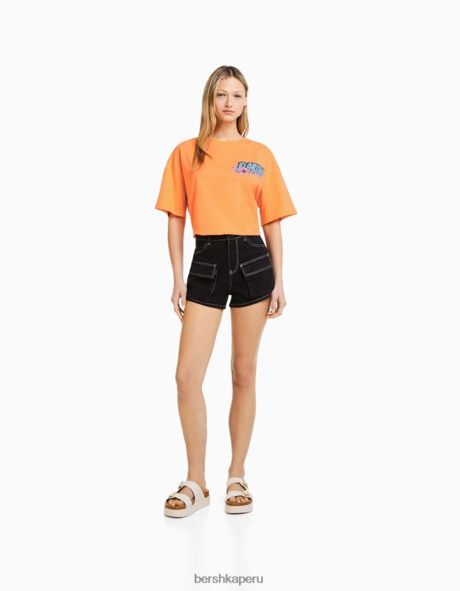 naranja Bershka mujer camiseta de manga corta con estampado 806J6B327