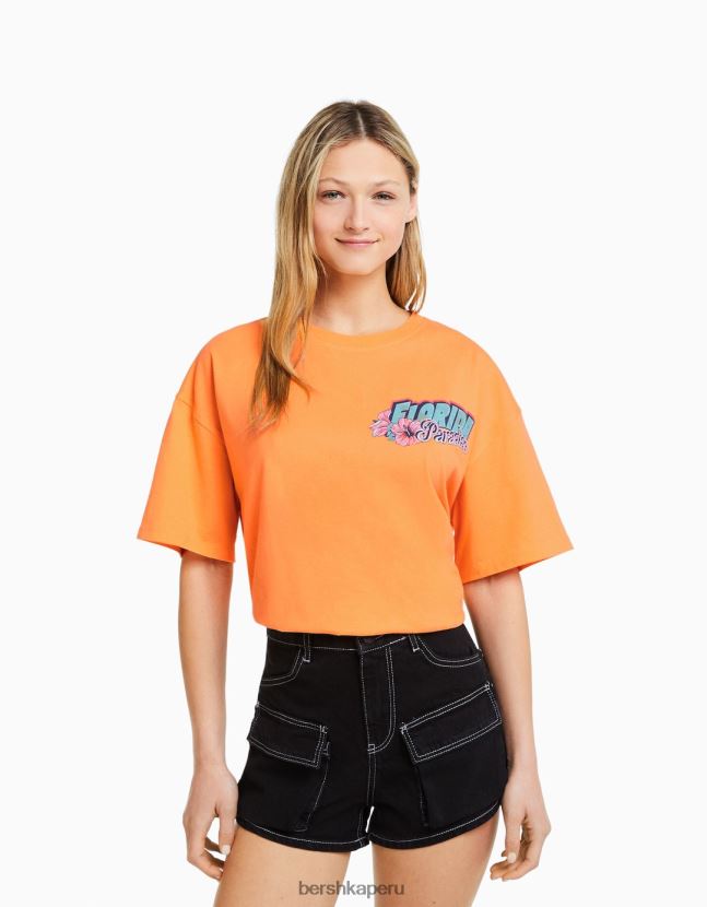 naranja Bershka mujer camiseta de manga corta con estampado 806J6B327