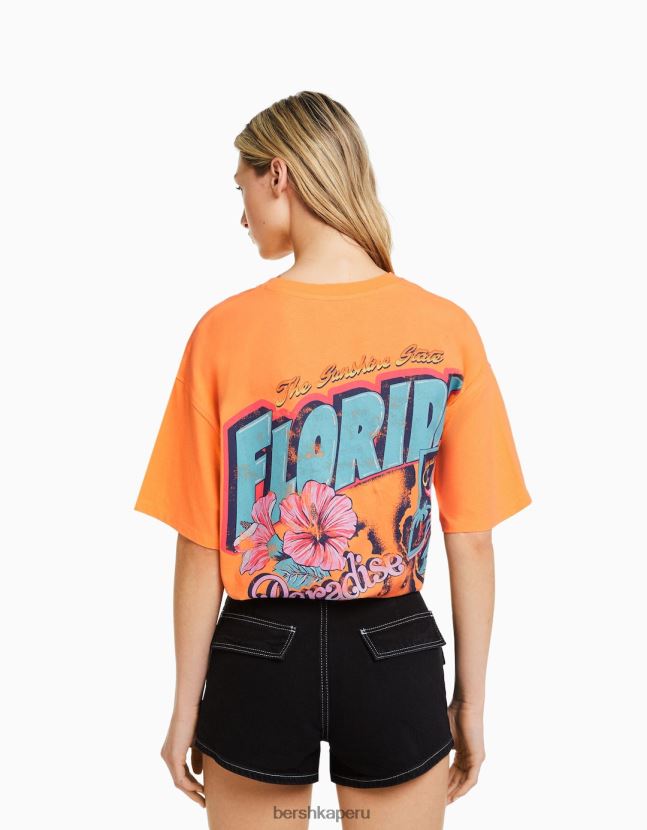 naranja Bershka mujer camiseta de manga corta con estampado 806J6B327
