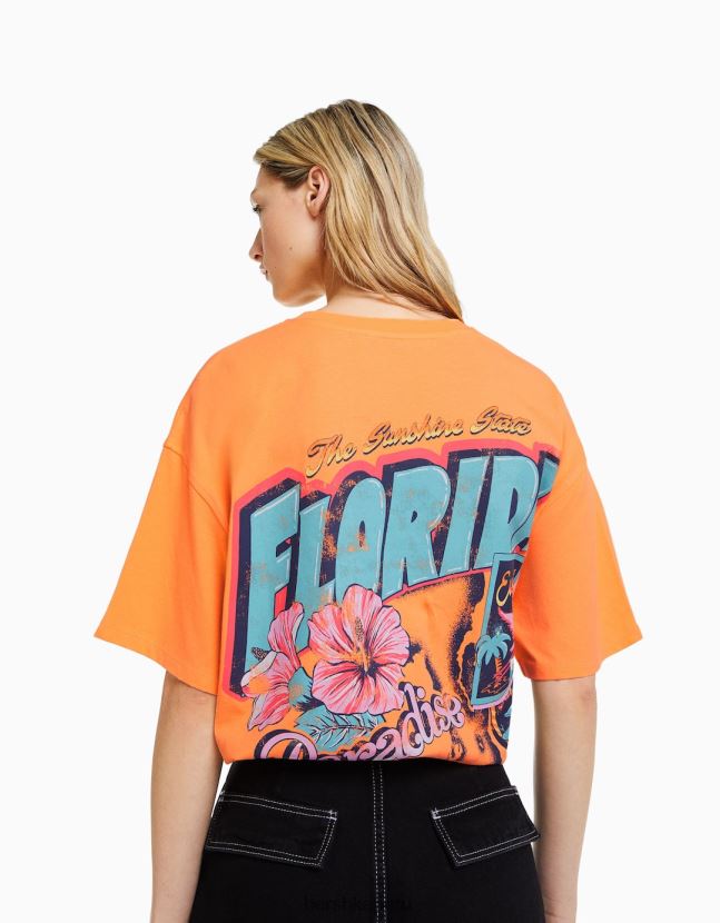 naranja Bershka mujer camiseta de manga corta con estampado 806J6B327