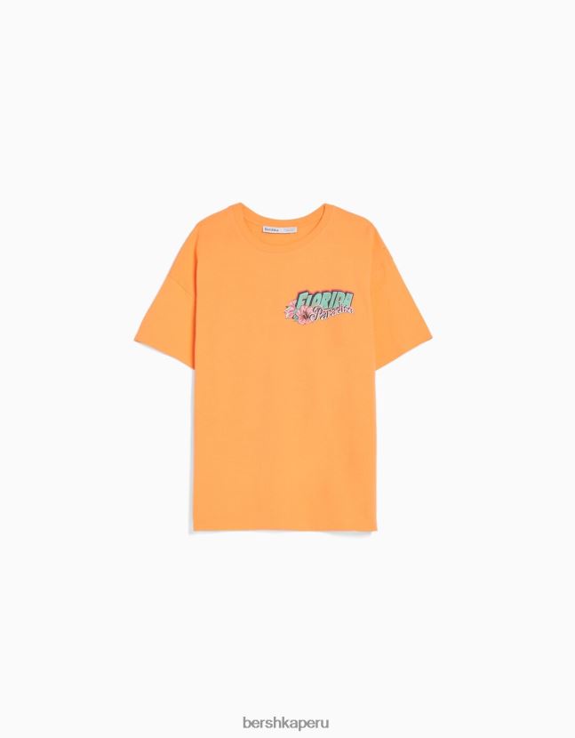 naranja Bershka mujer camiseta de manga corta con estampado 806J6B327