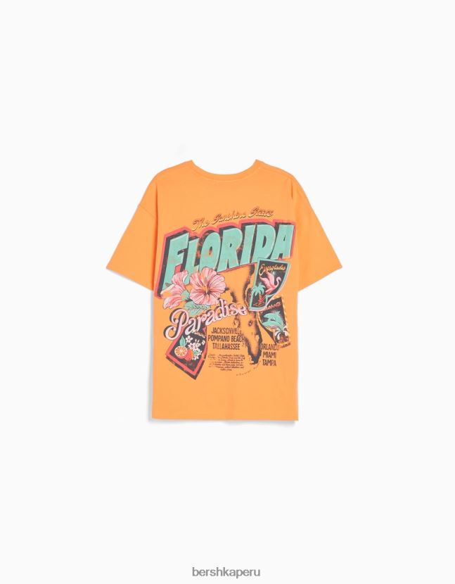 naranja Bershka mujer camiseta de manga corta con estampado 806J6B327