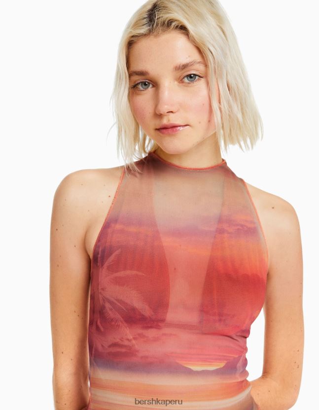 naranja Bershka mujer camiseta de tul estampada sin mangas 806J6B302