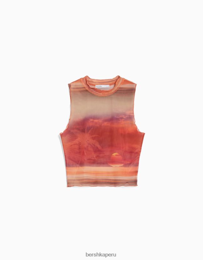 naranja Bershka mujer camiseta de tul estampada sin mangas 806J6B302