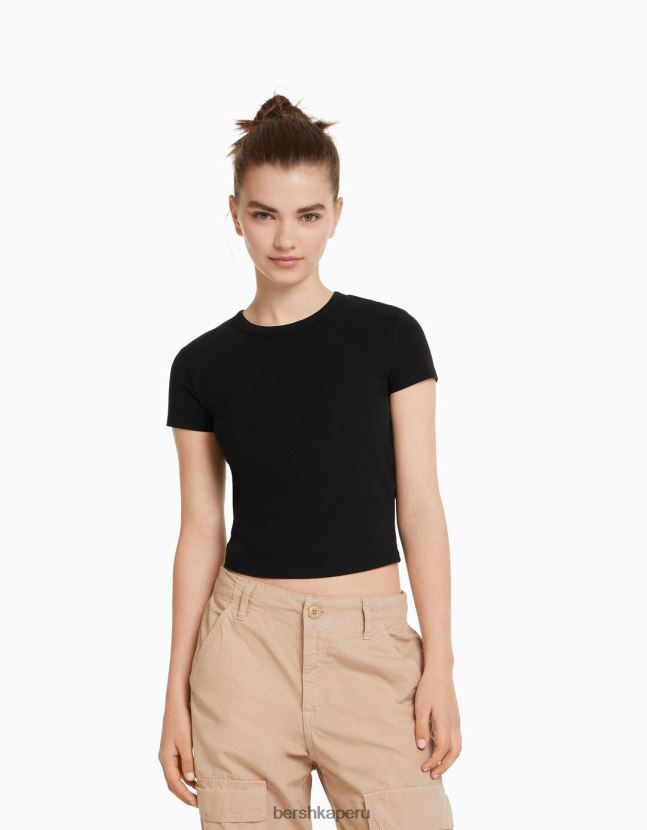 negro Bershka mujer camiseta ajustada de manga corta 806J6B619