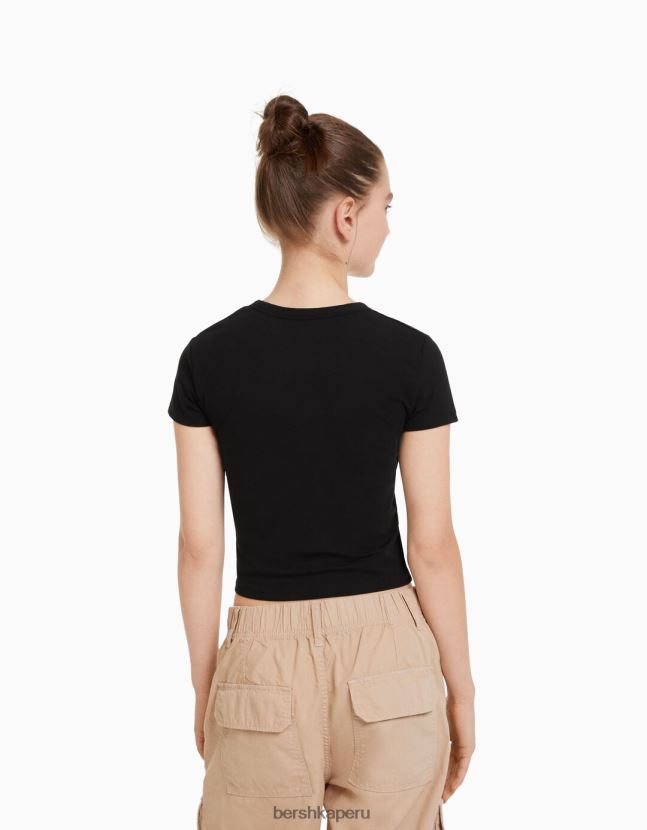 negro Bershka mujer camiseta ajustada de manga corta 806J6B619