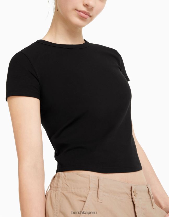 negro Bershka mujer camiseta ajustada de manga corta 806J6B619