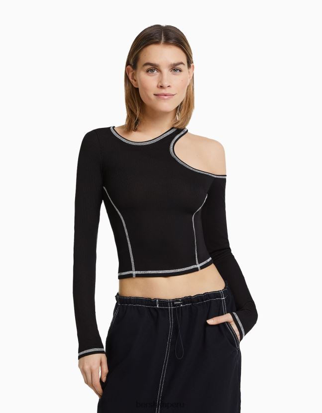 negro Bershka mujer camiseta ajustada de manga larga con hilo en contraste 806J6B373