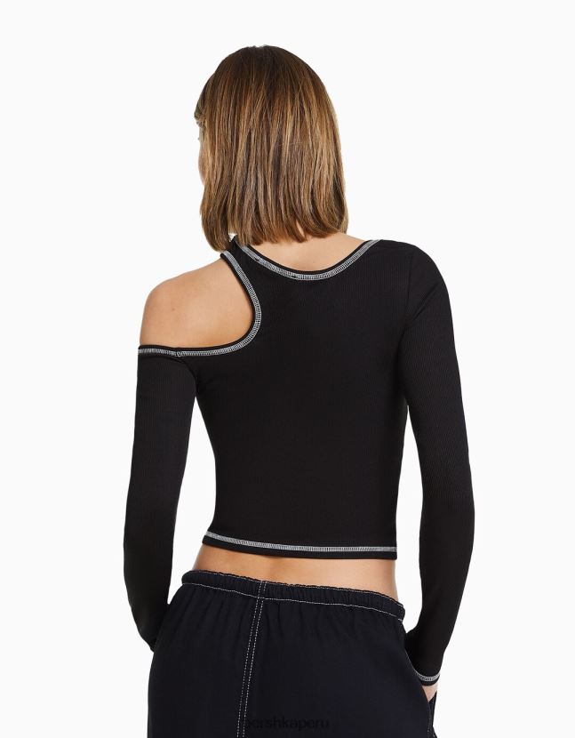 negro Bershka mujer camiseta ajustada de manga larga con hilo en contraste 806J6B373