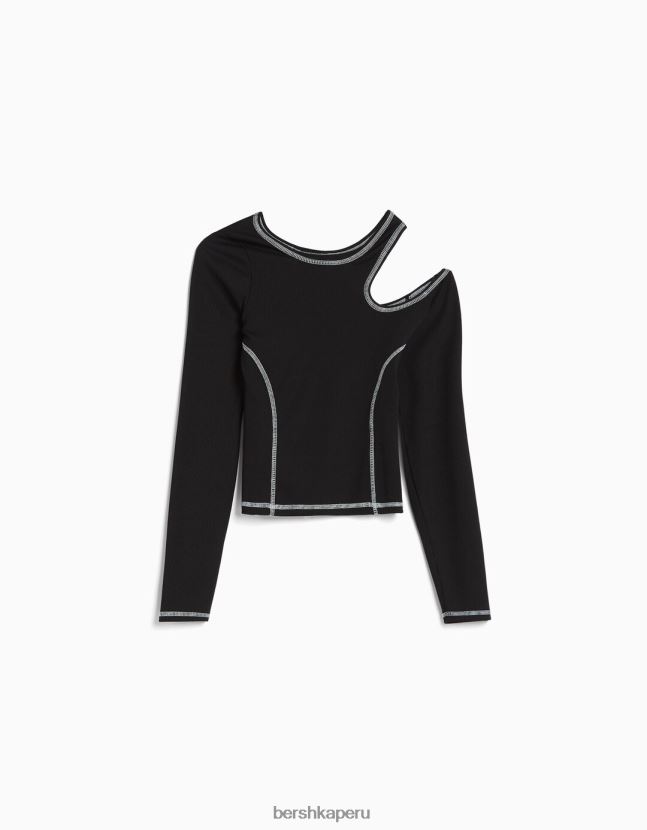 negro Bershka mujer camiseta ajustada de manga larga con hilo en contraste 806J6B373
