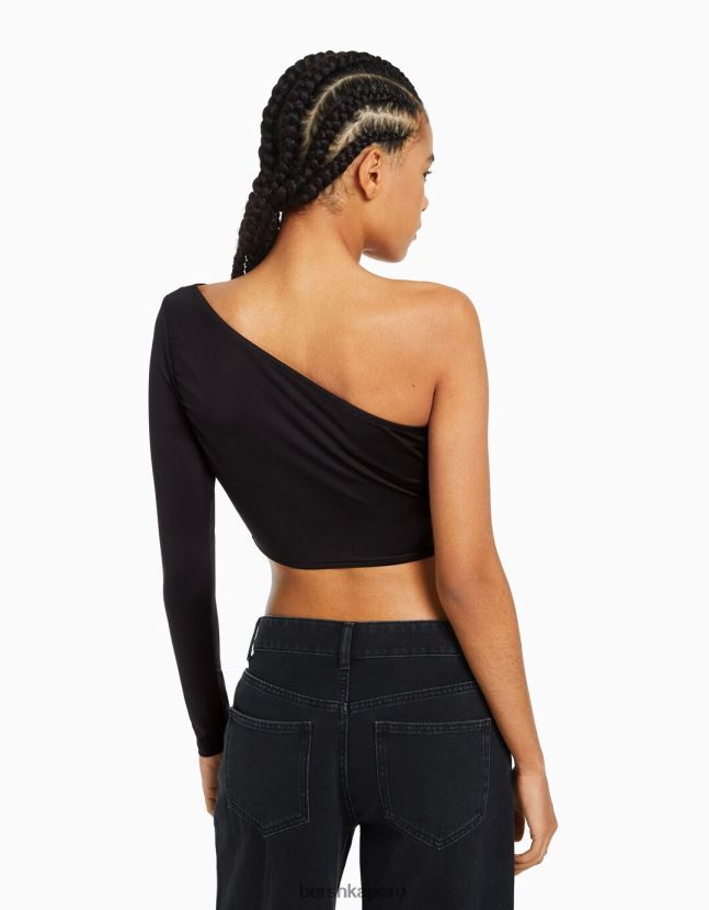 negro Bershka mujer camiseta asimétrica de manga larga 806J6B382