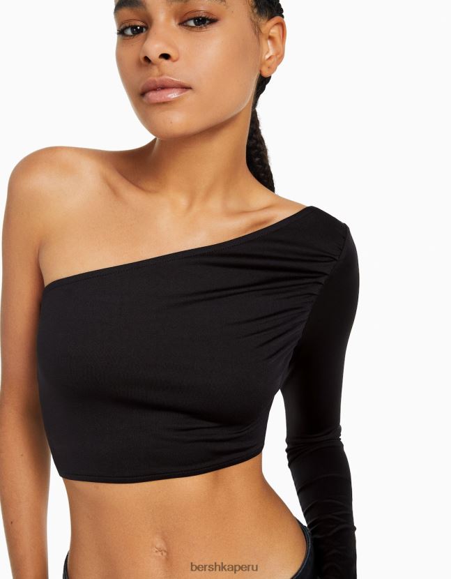 negro Bershka mujer camiseta asimétrica de manga larga 806J6B382
