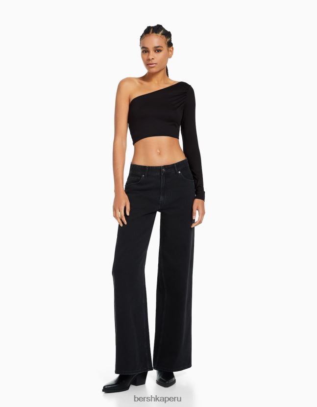 negro Bershka mujer camiseta asimétrica de manga larga 806J6B382