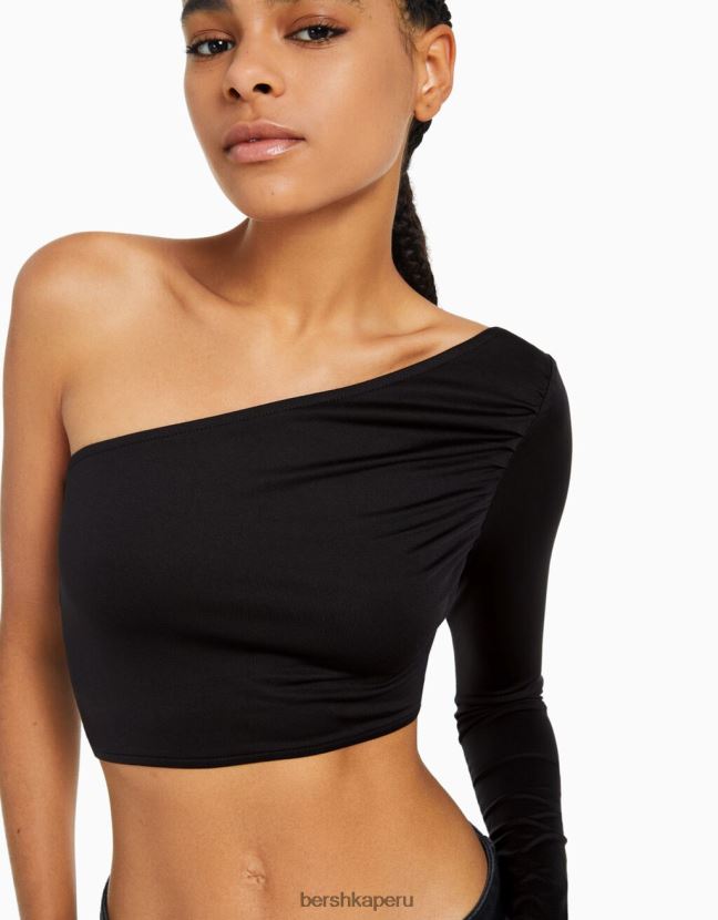 negro Bershka mujer camiseta asimétrica de manga larga 806J6B385