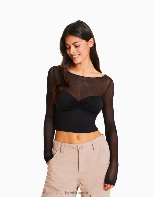 negro Bershka mujer camiseta cropped de manga larga con tejido en contraste 806J6B499