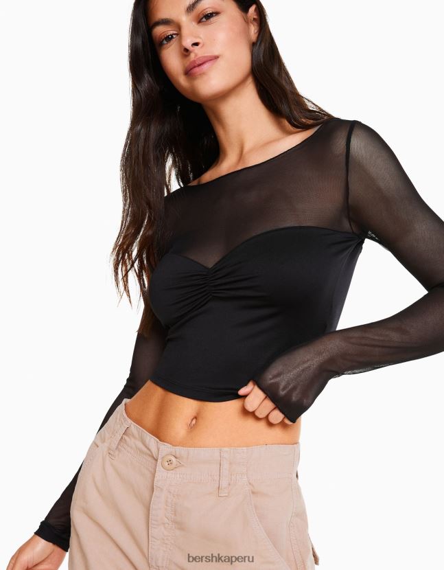 negro Bershka mujer camiseta cropped de manga larga con tejido en contraste 806J6B499