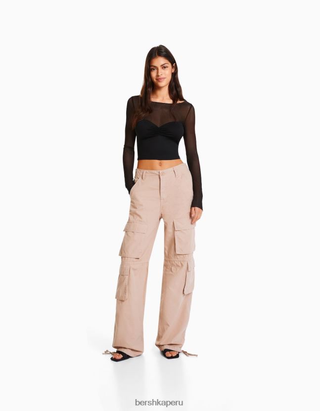 negro Bershka mujer camiseta cropped de manga larga con tejido en contraste 806J6B499