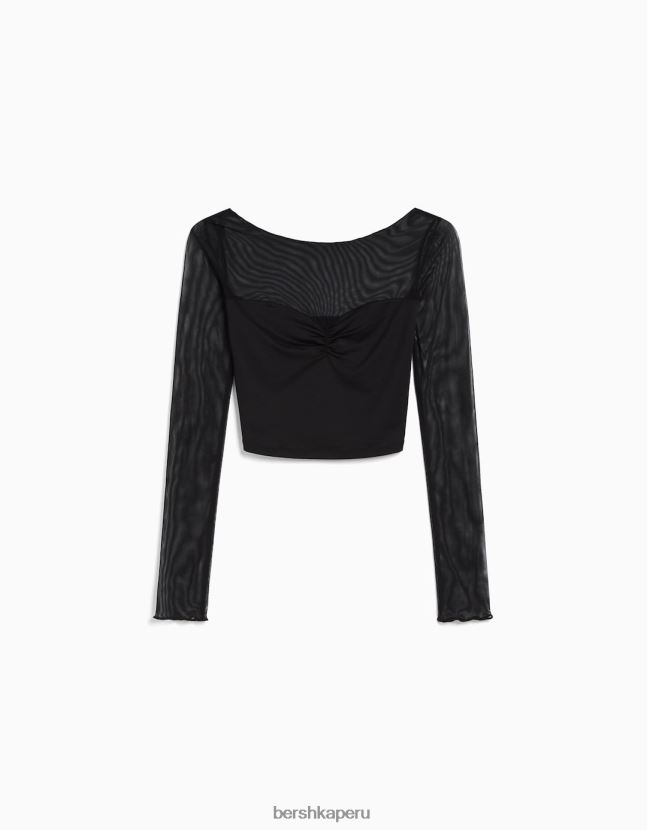 negro Bershka mujer camiseta cropped de manga larga con tejido en contraste 806J6B499
