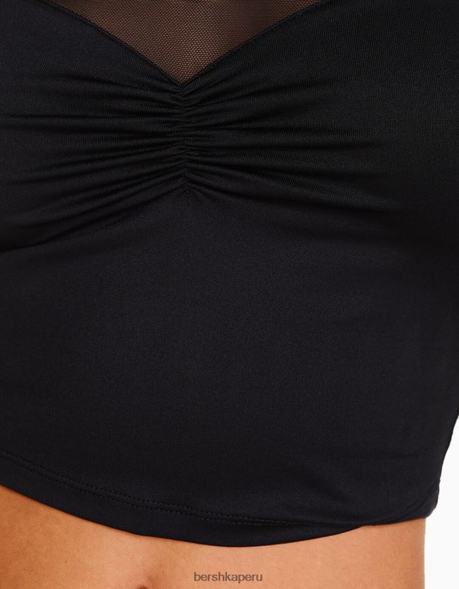 negro Bershka mujer camiseta cropped de manga larga con tejido en contraste 806J6B499