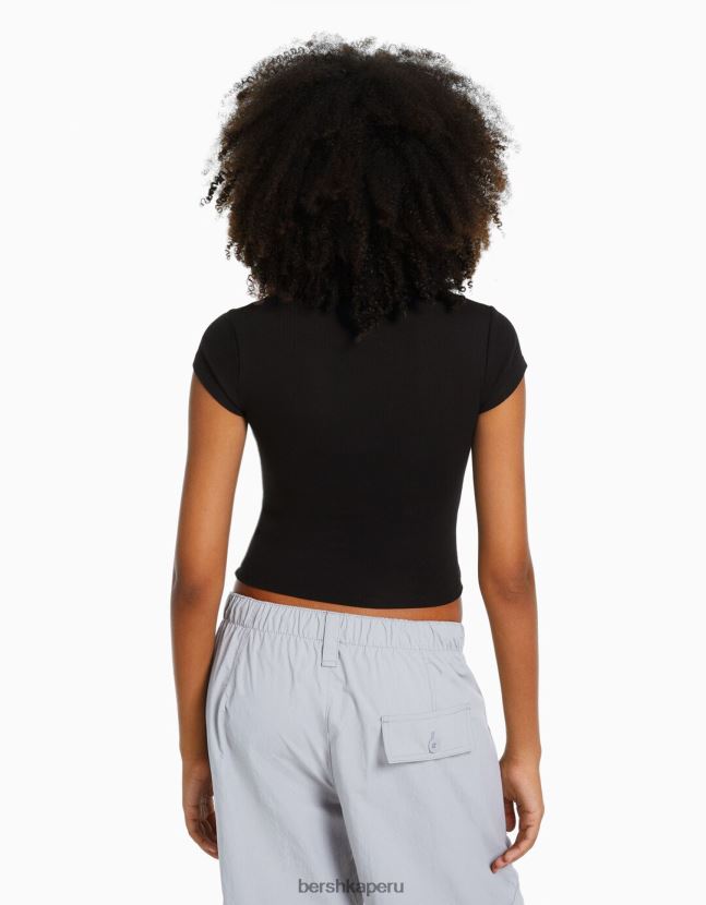 negro Bershka mujer camiseta de canalé manga corta 806J6B344