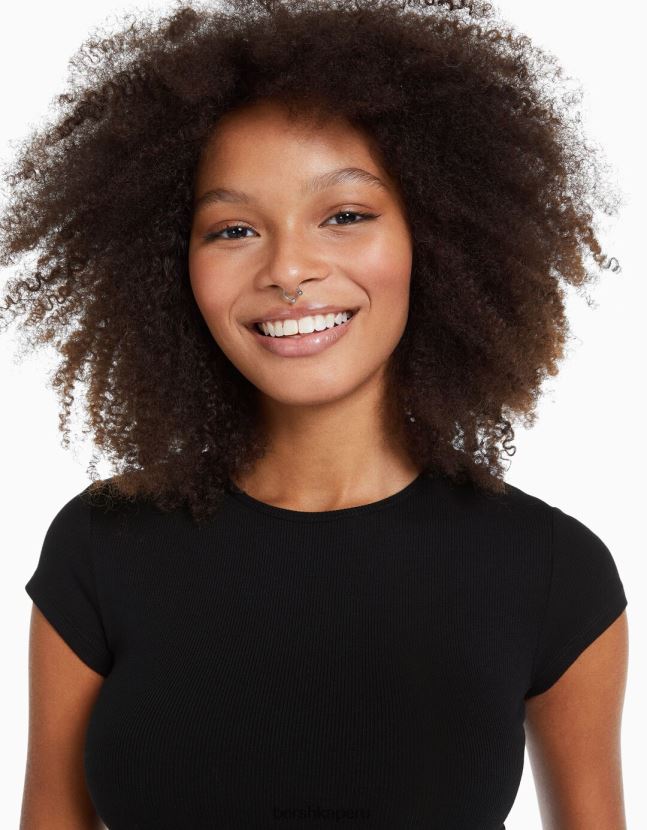 negro Bershka mujer camiseta de canalé manga corta 806J6B344