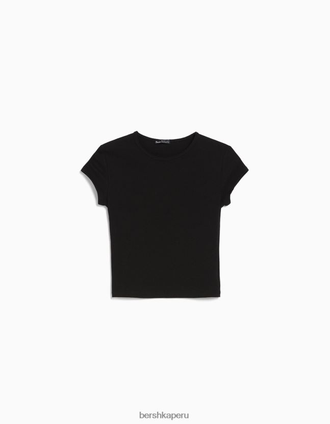 negro Bershka mujer camiseta de canalé manga corta 806J6B344