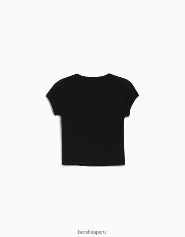 negro Bershka mujer camiseta de canalé manga corta 806J6B344