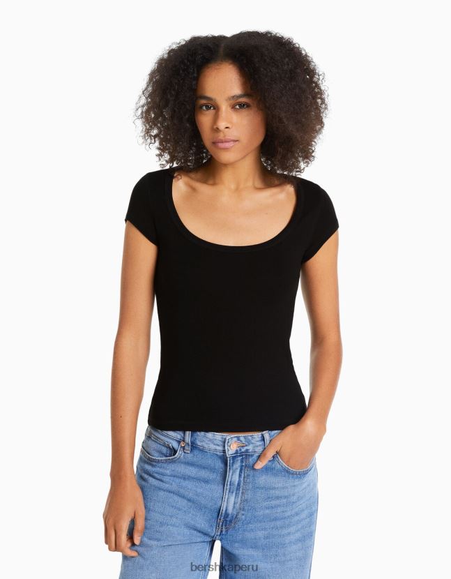 negro Bershka mujer camiseta de manga corta con cuello redondo 806J6B569