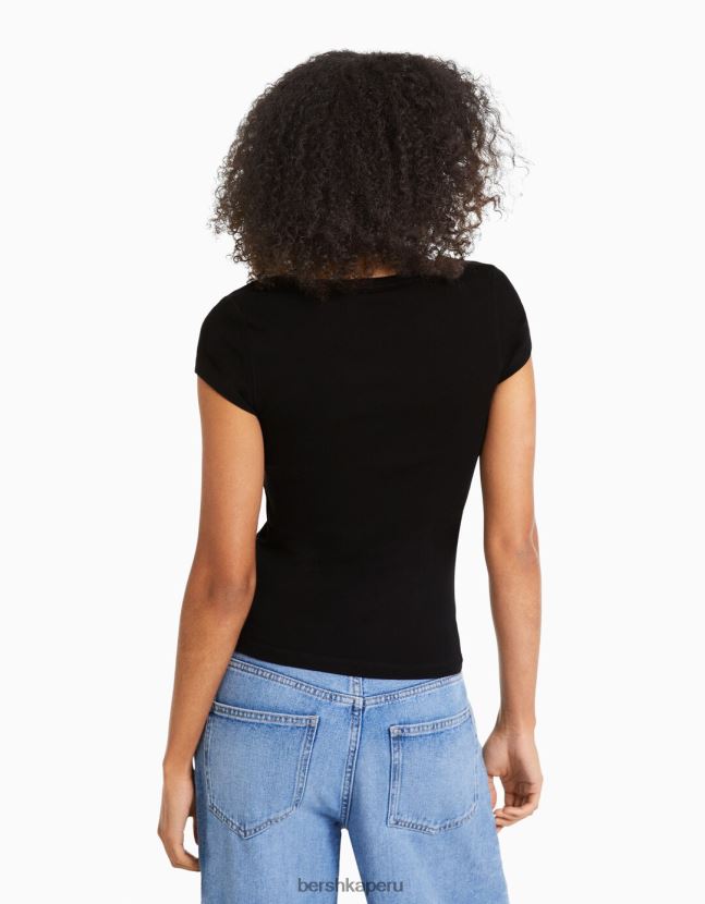 negro Bershka mujer camiseta de manga corta con cuello redondo 806J6B569