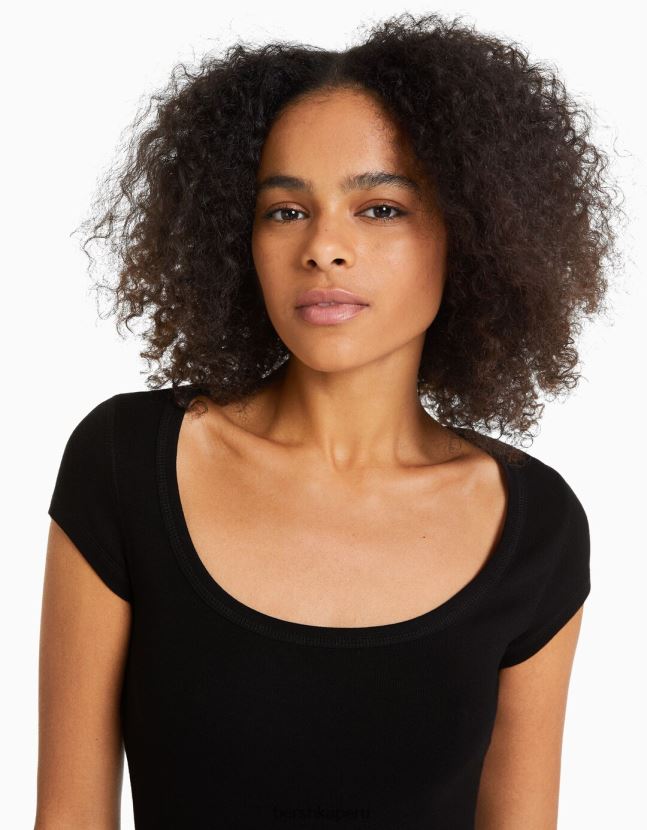 negro Bershka mujer camiseta de manga corta con cuello redondo 806J6B569
