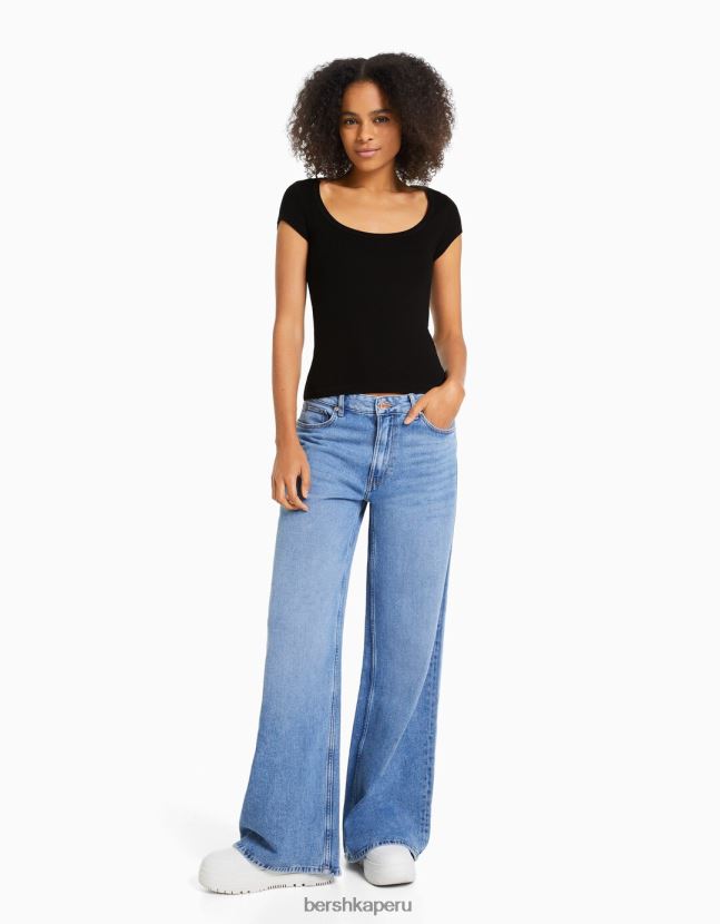 negro Bershka mujer camiseta de manga corta con cuello redondo 806J6B569