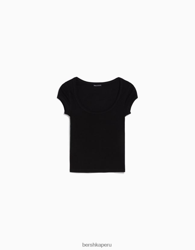 negro Bershka mujer camiseta de manga corta con cuello redondo 806J6B569