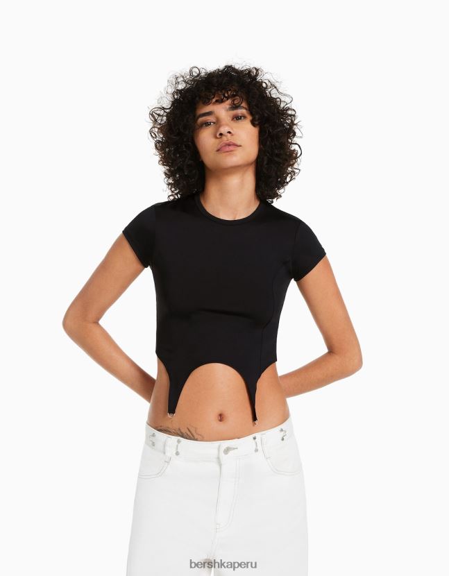 negro Bershka mujer camiseta de manga corta con detalle 806J6B511