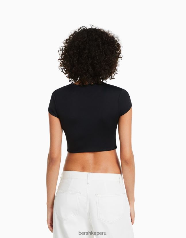 negro Bershka mujer camiseta de manga corta con detalle 806J6B511