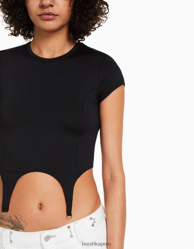 negro Bershka mujer camiseta de manga corta con detalle 806J6B511